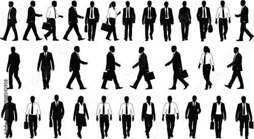 Business professionals walking silhouettes, corporate attire movement, office diversity illustration, workplace fashion concept, career success journey, professional men and women poses