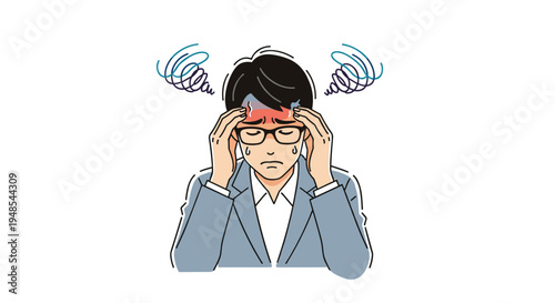 Stressed businessman in a suit and glasses holding his head in pain due to a severe headache or migraine.