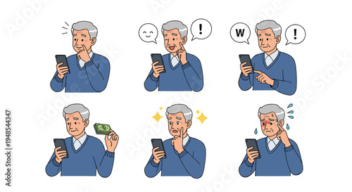 Senior man with gray hair using a smartphone while experiencing different reactions like surprise, joy, and frustration.