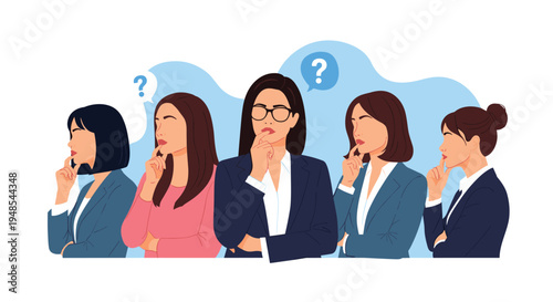 Group of professional businesswomen in various attire standing together and thinking deeply about a problem or strategy.