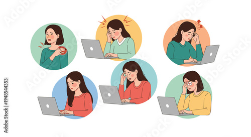 Collection of illustrations of a woman using a laptop while suffering from neck pain, headache, eye strain, and fatigue.