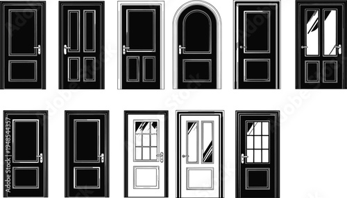 Door design silhouettes, architectural illustration collection, modern and traditional styles, interior design concept, construction renovation elements, panel and glass variations
