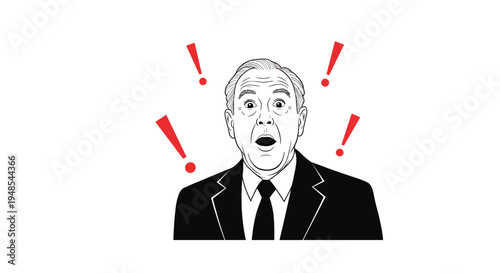 Surprised senior man in a suit looking at camera with mouth open and red exclamation marks floating around his head.