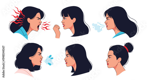 Set of female profile illustrations showing various stages of anger and shouting with colored smoke coming from her mouth.