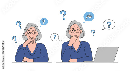 Elderly woman looking confused while thinking and using a laptop with blue question marks and thought bubbles around her.
