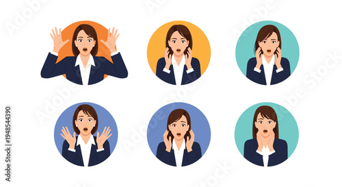 Collection of business woman icons showing various surprised and shocked facial expressions in colorful circular frames.