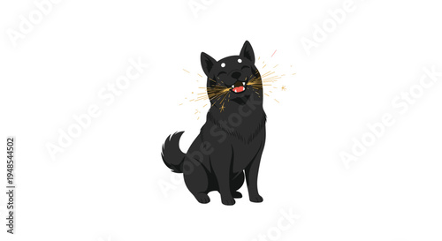 Happy black shiba inu dog sitting and smiling with its mouth open and golden sparks around its face on a white background.