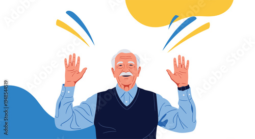 Cheerful senior man with white hair and a mustache wearing a blue shirt and vest with his hands raised in a happy gesture.