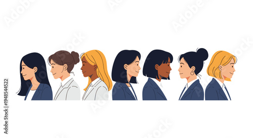 Profile views of seven diverse business women with different hair colors and ethnic backgrounds in formal suits.