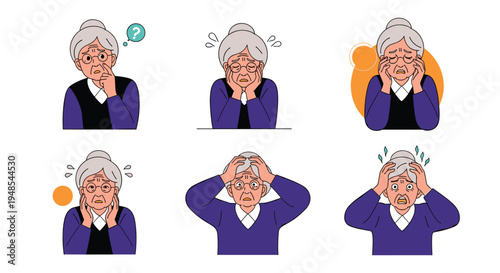 Elderly woman with grey hair showing various expressions of sadness, worry, headache, and confusion in a character set.