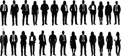 Business professionals silhouettes, corporate diversity illustration, office attire poses, men and women in suits, workplace fashion, team concept, formal dress silhouettes