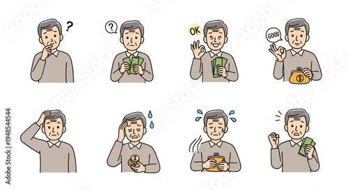 Senior man showing different financial situations including having money, an empty wallet, and being worried about finances.
