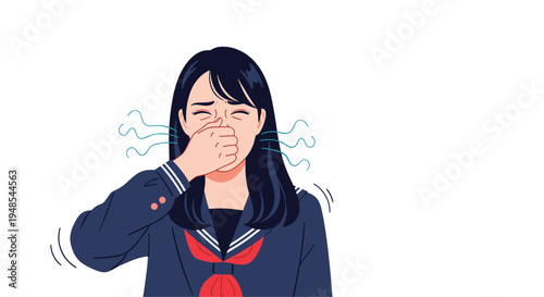 Young girl in a navy blue school uniform holding her nose and squinting due to a bad smell on a white background.