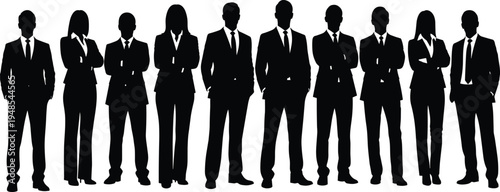 Corporate team silhouettes, business professionals illustration, office attire group, men and women in suits, workplace unity, leadership concept, formal fashion silhouettes