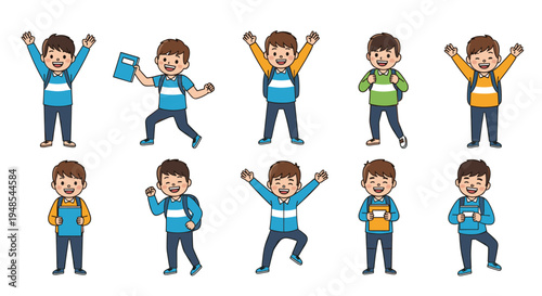 Happy young boy character set with a backpack and blue books in various poses like cheering, running, and jumping.
