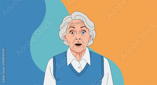 Surprised elderly woman with white hair and glasses looking at camera with mouth open against a blue and orange background.