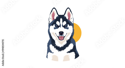 Happy siberian husky dog head with its mouth open and a bright yellow circular background in a vector illustration.
