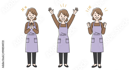 Older woman in a brown shirt and purple apron showing poses for gratitude, cheering with arms raised, and determined success.