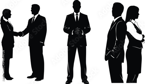 Business handshake silhouettes, corporate agreement, office professionals, leadership stance, confrontation concept
