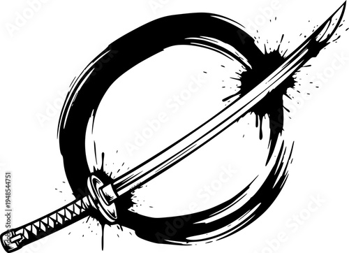 Elegant Sumi-e Style Sword Illustration in black and white