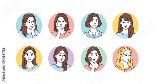 Collection of female avatars showing various sad, worried, and pensive facial expressions in colorful circular frames.