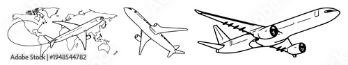 Airplane path set with continuous line drawing of world travel and international flight business concept featuring travel, airline, global route with editable stroke and contour vector illustration