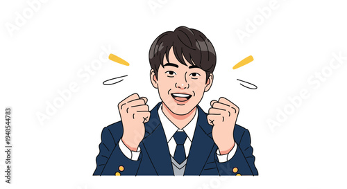 Happy student boy in school uniform celebrating success with raised fists and joyful expression on his face with sparkles around him.
