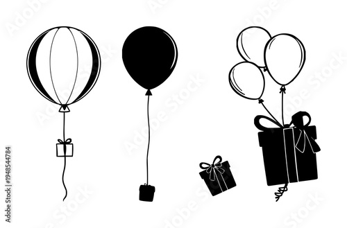 Balloon set with continuous line illustration of a helium balloon silhouette featuring holiday festivities, gift presentation, birthday party decor with single stroke drawing and vector design