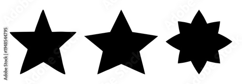 Five-pointed star vector set with solid black fill and sharp edges featuring symmetrical, minimalist composition with no shadows and flat design