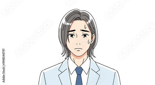 Middle aged man with long grey hair looking sad and worried with sweat drops on his face against a plain white background.