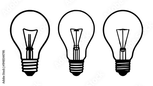 Lightbulb set with continuous one-line drawing on solid white background featuring vector, silhouette, filament with monochrome and modern