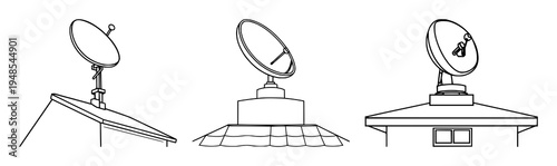 Satellite dish set with modern flat art of a single dish on a roof featuring telecommunications theme, clean lines, white background with minimalism and vector illustration