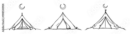 Tent set with continuous line art of a tent under a crescent moon featuring camping, adventure, silhouette with thin black line and white background