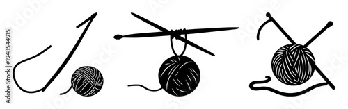 Knitting needles set with solid black silhouette of knitting needles and yarn ball featuring silhouette, black line art, yarn with needles and hobby