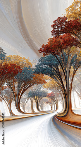 Swirling Autumn Tree Tunnel Curving Road Surreal Landscape Art Poster