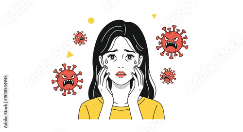 Worried woman looking scared with beads of sweat on her face while surrounded by angry virus icons floating in the air.