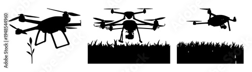 Drone set with solid black silhouette isolated on white background featuring ag-tech progress, crop spraying, smart agriculture with vector design and illustration