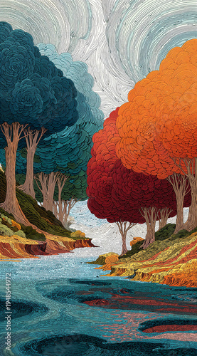 Dark Surreal Forest Colorful Layered Trees River Illustration Art Print