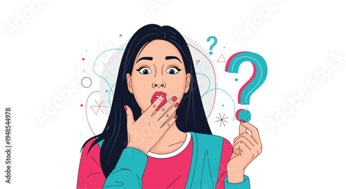 Shocked young woman with long dark hair holding her hand over her mouth next to a large blue question mark indicating surprise or doubt.