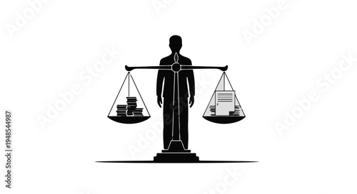 Justice scale illustration with balanced weights, symbolizing fairness and equality in law and business, with a modern minimalist design