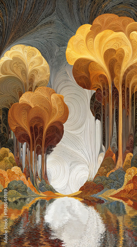 Golden Amber Fantasy Forest Trees Water Reflection Abstract Art Print