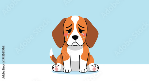 Sad beagle puppy sitting on a white floor with tears falling from its eyes against a light blue background representing loneliness.