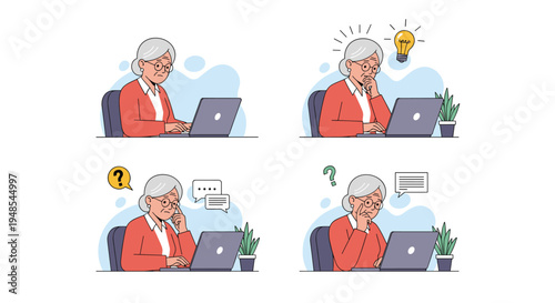Set of four illustrations showing an elderly woman using a laptop with different thoughts like confusion and having new ideas.