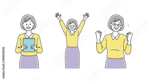 Mature woman in yellow shirt and purple skirt showing different poses like holding a blue folder and jumping for joy in celebration.
