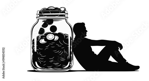 Silhouette of man sitting next to large jar filled with coins, representing financial struggles or savings concept, isolated on white background