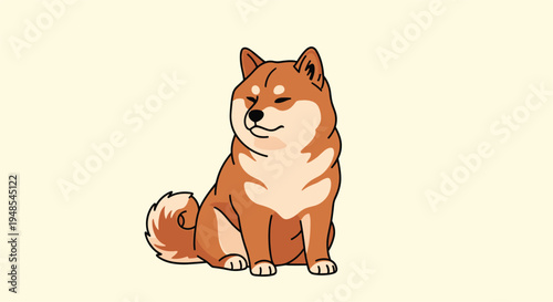 Contented shiba inu dog sitting with its eyes closed and a peaceful smile against a soft yellow background representing relaxation.