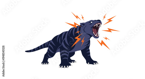 Powerful black panther or tiger roaring fiercely with orange lightning bolts radiating from its head on a clean white background.