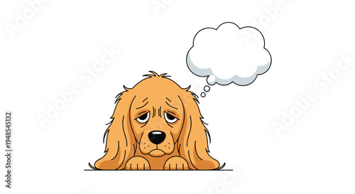 Sad dog with long ears lying down with a blank thought bubble showing loneliness or boredom against a plain white background.