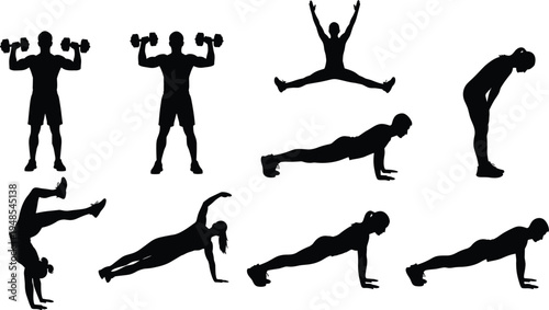 Fitness exercise silhouettes, workout poses illustration, strength training, bodyweight exercises, stretching positions, gym activity, healthy lifestyle concept, physical training silhouettes