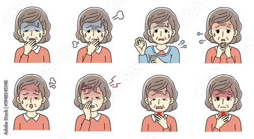 Set of illustrations showing an older woman suffering from various symptoms of illness and physical discomfort in daily life.